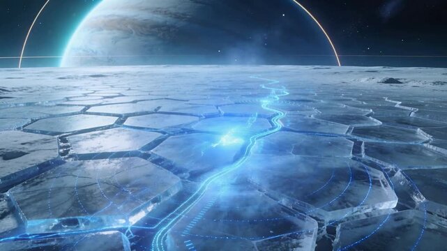 Brightening conduit sending beam toward horizon, producing ripples on icy hex plain, ringed planet