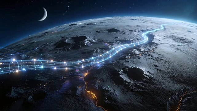 Entering braided ribbon arching across cratered surface, pulsing nodes sparking orange fissures