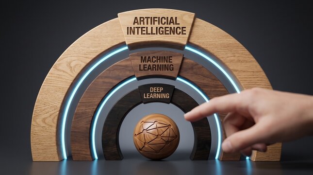 Wooden nested arch diagram representing the relationship between artificial intelligence, machine learning, and deep learning with a hand pointing to the center