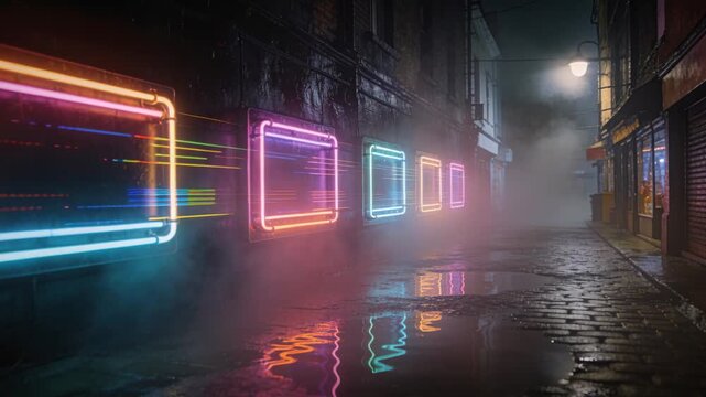 Playback starting neon squares pulsing streaks on left wall night, reflecting puddles, copy space