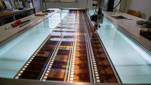 Engaging cutting head advancing along rails, aligning color negative on lightbox for trimming