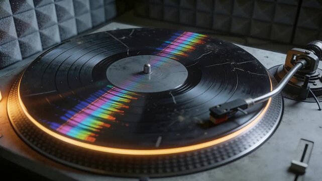 Motor engaging turntable spinning vinyl on platter in recording booth with orange LED ring, tonearm
