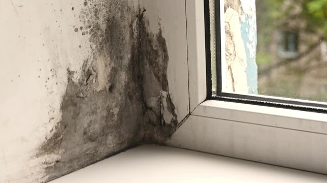 mold growth on window frame corner caused by persistent indoor damp conditions. biological contamination expands along plaster seal. growth indicates moisture problem living space. fungus on window