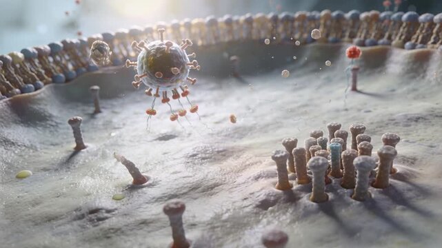 Hovering round virus binding receptor cluster on cell membrane, making spike tethers