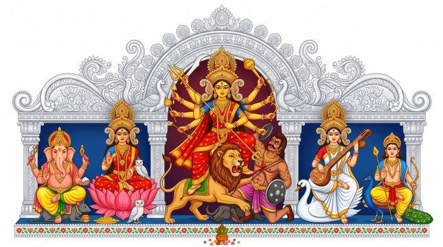 Hindu goddess Durga with her family deities during celebration of the festival