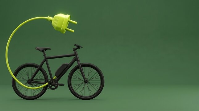 Black electric bicycle with a large green power plug and cable arching over the frame against a solid green background representing sustainable transportation