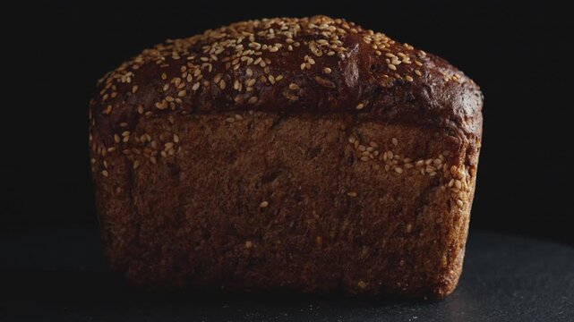 Close-up of artisan whole-grain dark bread topped with sesame seeds on black background. Freshly baked organic sourdough loaf with golden crust for commercial bakery promotions, healthy food concept.