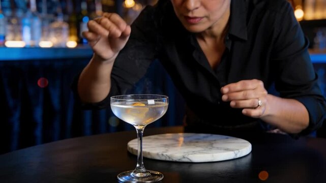 Preparing drink at bar, bartender in black shirt twisting orange peel over coupe to release oils