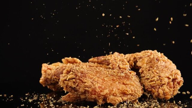 Golden brown fried chicken wings sprinkled with seasonings on a black background slow motion.