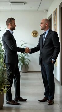 Two professional businessmen in formal suits shake hands in a bright, modern office corridor, symbolizing successful partnership, teamwork, and mutual agreement in a corporate environment.