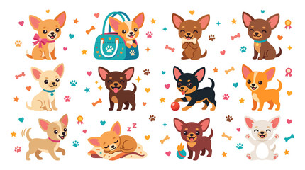 Obraz premium Adorable cartoon chihuahua puppies in a delightful collection of playful poses and charming activities, perfect for pet-themed designs