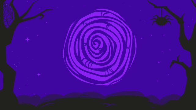 Animated Halloween hypnotic spiral with spooky trees and spider on purple background