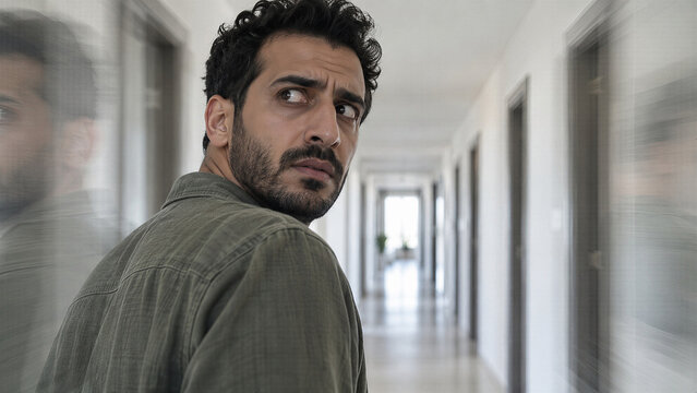 Man looking back anxiously in a distorted hallway. Motion blur and shifting walls suggest paranoia, hallucination, and schizophrenia. Mental health concept for clinical awareness.