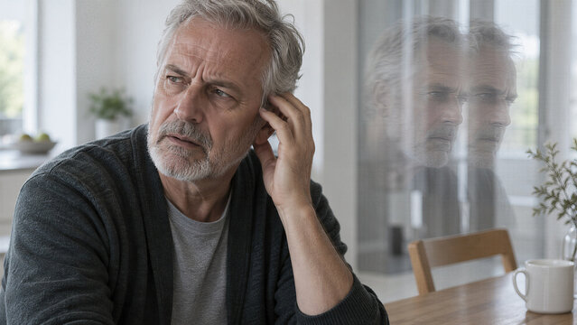 Older man touches his ear beside a reflective window. His doubled reflection suggests hallucination and confusion. Mental health concept about schizophrenia and distress.