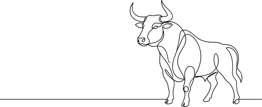 Line art illustration of a powerful bull standing against a plain background.