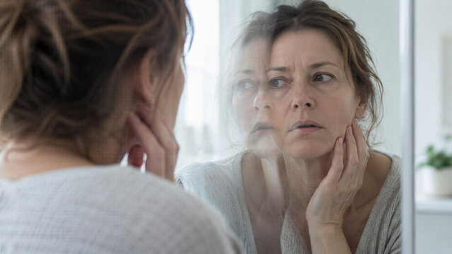 Woman studies a ghostly double reflection in a mirror. Distorted vision suggests identity confusion and psychosis. Mental health concept for schizophrenia awareness.