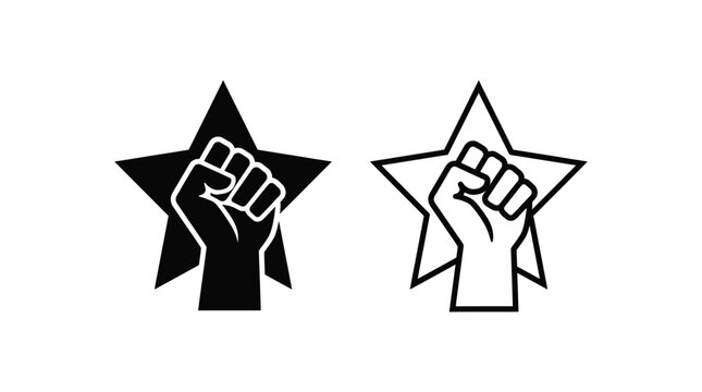 Raised fist inside a star shape vector graphic illustration featuring minimalist black and white artistic style