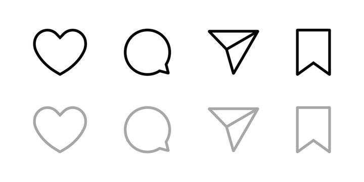 Like, comment, share, and save outline. Social media interaction symbol