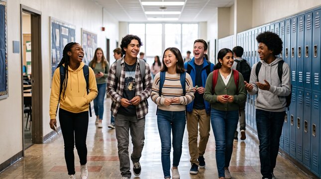 Diverse group of happy high school students walking down a brightly lit hallway with blue lockers