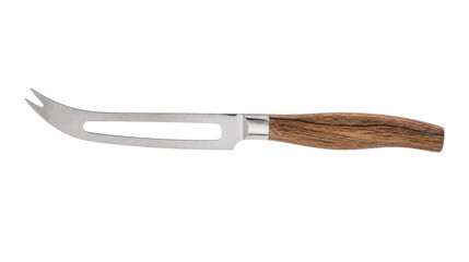 Fototapeta premium Sleek stainless steel cheese knife with a wooden handle is presented on a clean white background