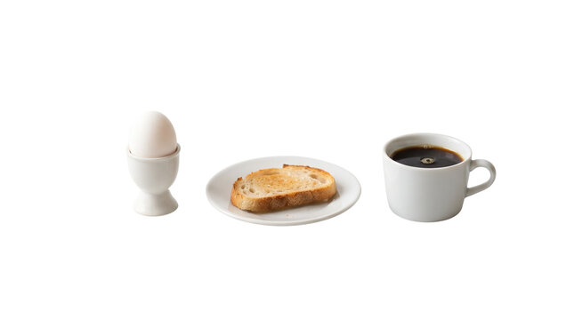 Minimalist breakfast set with boiled egg, toasted bread and black coffee, simple morning meal on white background, healthy protein breakfast food