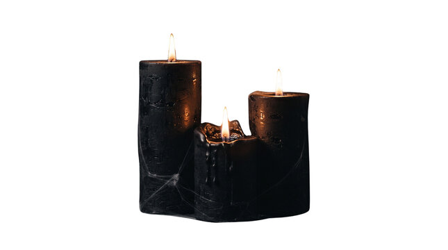 Black textured pillar candles with flickering flames, dark wax decorative candles on white background, moody gothic home decor accents