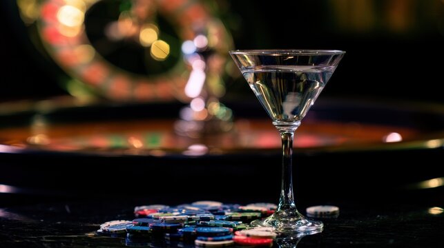 Casino scene with a cocktail glass, roulette wheel, and poker chips at night