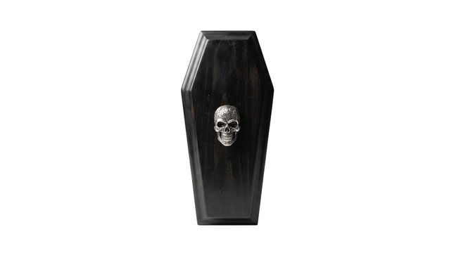 Gothic black wooden coffin with silver skull, spooky funeral casket for Halloween decor, dark macabre burial box isolated on white background