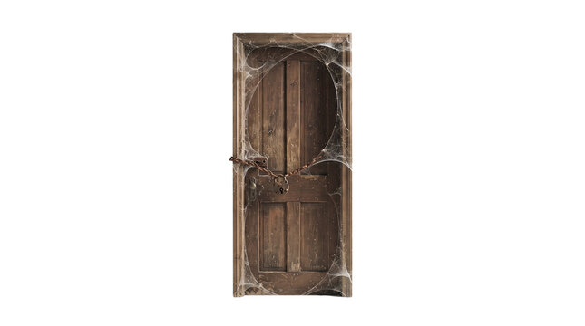 Spooky old wooden door with cobwebs, haunted house entrance with spider webs, rustic weathered timber doorway isolated on white background