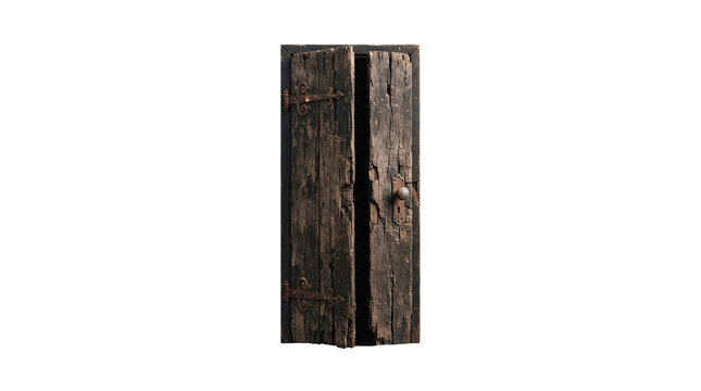 Rustic weathered wood door on white background, antique dark timber barn door, vintage aged wooden planks with rough texture and iron hinges