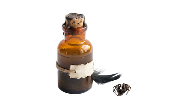 Vintage apothecary potion bottle with cork stopper, mystical brown glass vial with blank label and black feather, spooky halloween alchemy jar