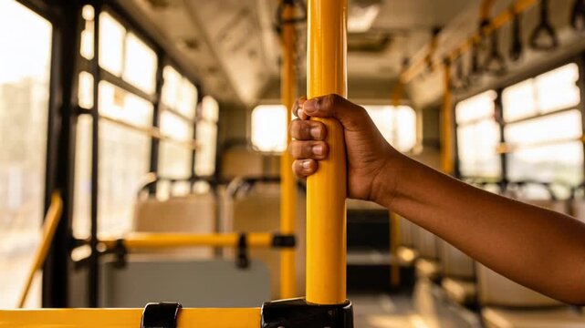 Gripping hand and forearm with short-sleeve, adjusting grip, bracing as bus pulls away, yellow pole