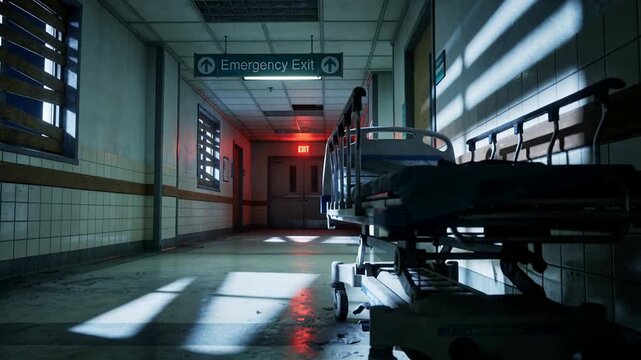 Rolling wheeled medical stretcher inching forward after camera push in hospital corridor