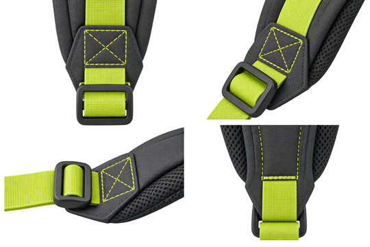 Set of close up views showing adjustable nylon straps with plastic buckles on gray padded gear, isolated on transparent background. Equipment accessories, textile details, outdoor gear