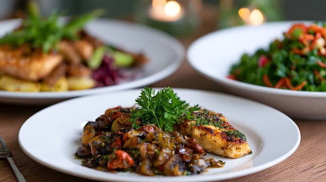 A plated grilled fish fillet with saut ed vegetables and fresh parsley garnish  served with side salad and another dish in background