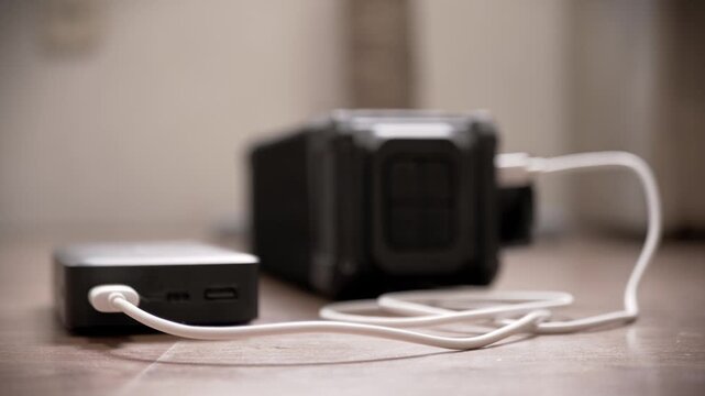 A portable power bank connects to a larger battery station with a white USB cable on a wooden floor. Concept of energy storage, mobile charging, and backup power supply.