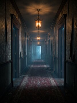 Abandoned Hotel Corridor with Flickering Lanterns at Night
