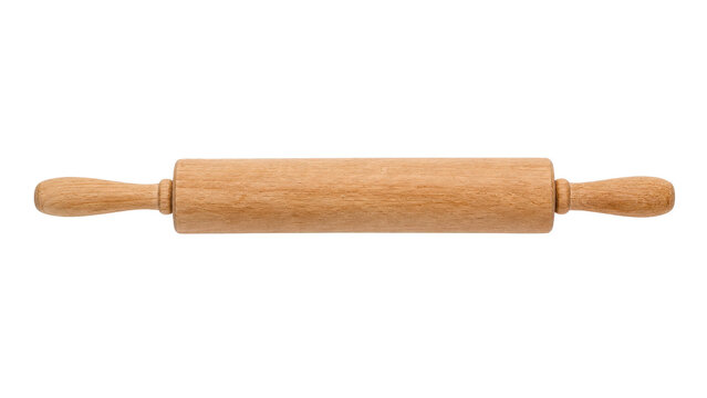 Classic wooden rolling pin with light brown grain texture is centered horizontally on a clean white background