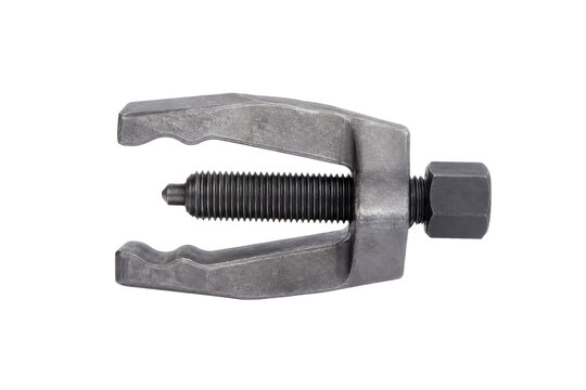 Heavy-duty metal bearing puller tool with a threaded screw and hexagonal nut, isolated on a clean white background