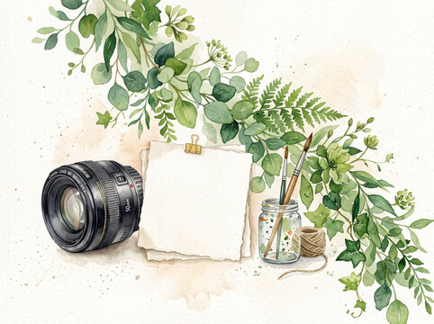 Watercolor artistic scene featuring a camera lens alongside a blank paper note and paint brushes adorned with lush green botanical elements for creative projects requiring a natural and leafy