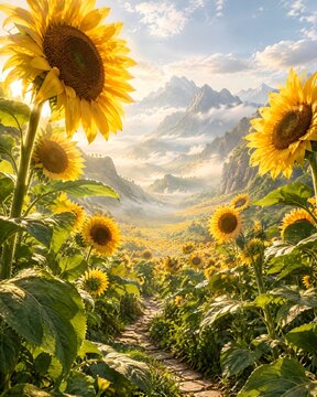 Cinematic close up of bright yellow sunflowers overlooking misty mountain range, dreamlike fantasy flower wallpaper