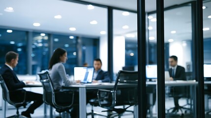 Fototapeta premium Business professionals collaborate in a modern glass walled office during evening hours with laptops and desks
