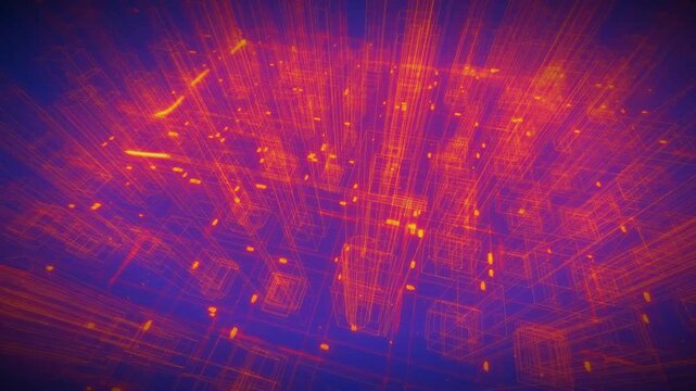 Wide fish eye perspective displays a glowing orange and blue digital twin city grid with active telemetry streams in 3D CAD mesh