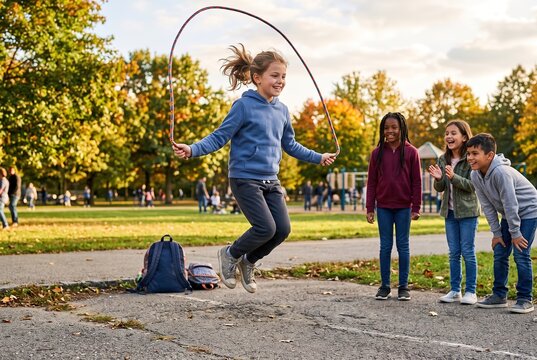 A girl jumps rope in a park while friends cheer her on. The sun sets in the background. Lush trees surround the play area. Kids are having fun together outdoors