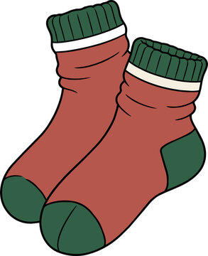 Pair of Red Winter Socks with Green Cuffs and Toes