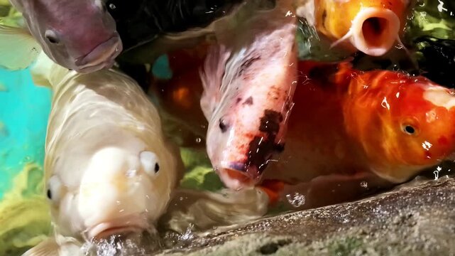 Hungry koi carp approaching the water surface during feeding time, playful freshwater fish behavior, ornamental pond life, Japanese koi culture, relaxation and aquatic nature concept