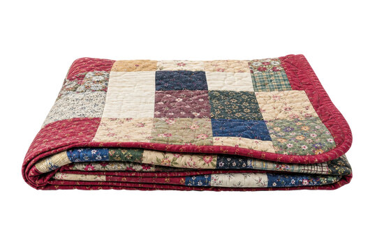 Neatly folded colorful patchwork quilt with various floral and patterned fabric squares is presented on a clean white background