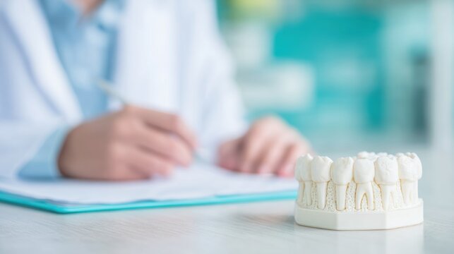 Dentist writing notes with dental model in office during a consultation