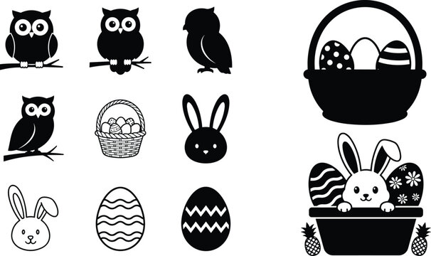 Easter and Spring Silhouette Icon Set with Cute Owls on Branches Wicker Baskets of Decorated Eggs and Bunny Rabbit Vectors