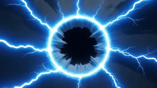 Electric energy vortex with blue lightning bolts and dark center abstract background